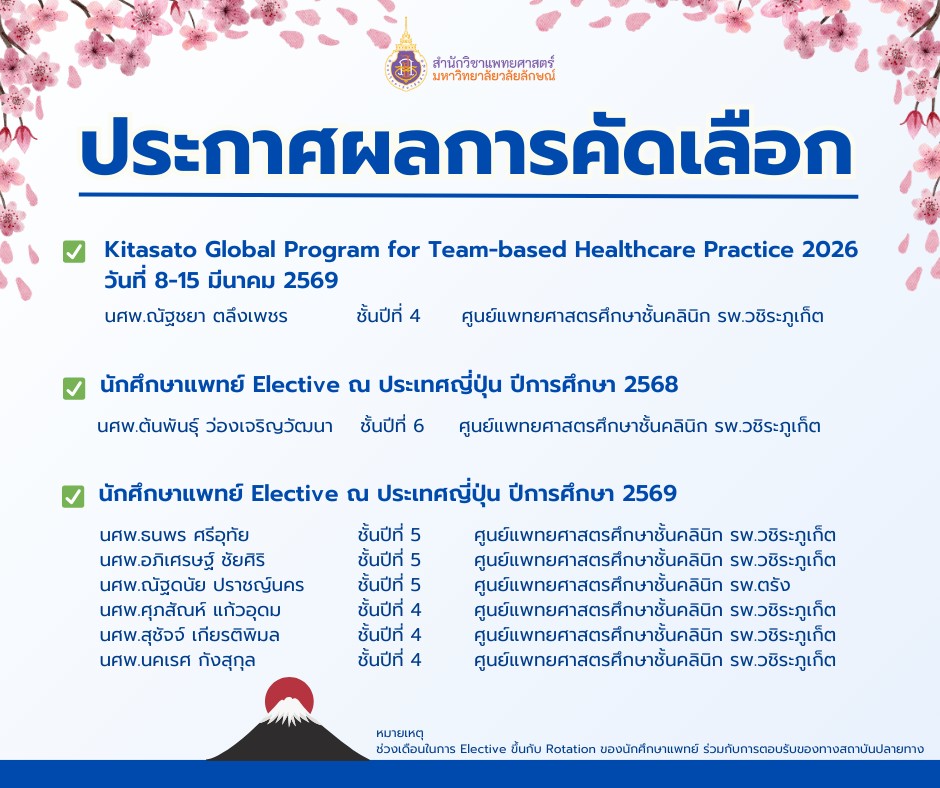 ประกาศผลการคัดเลือกนักศึกษาแพทย์แลกเปลี่ยนประเทศญี่ปุ่น